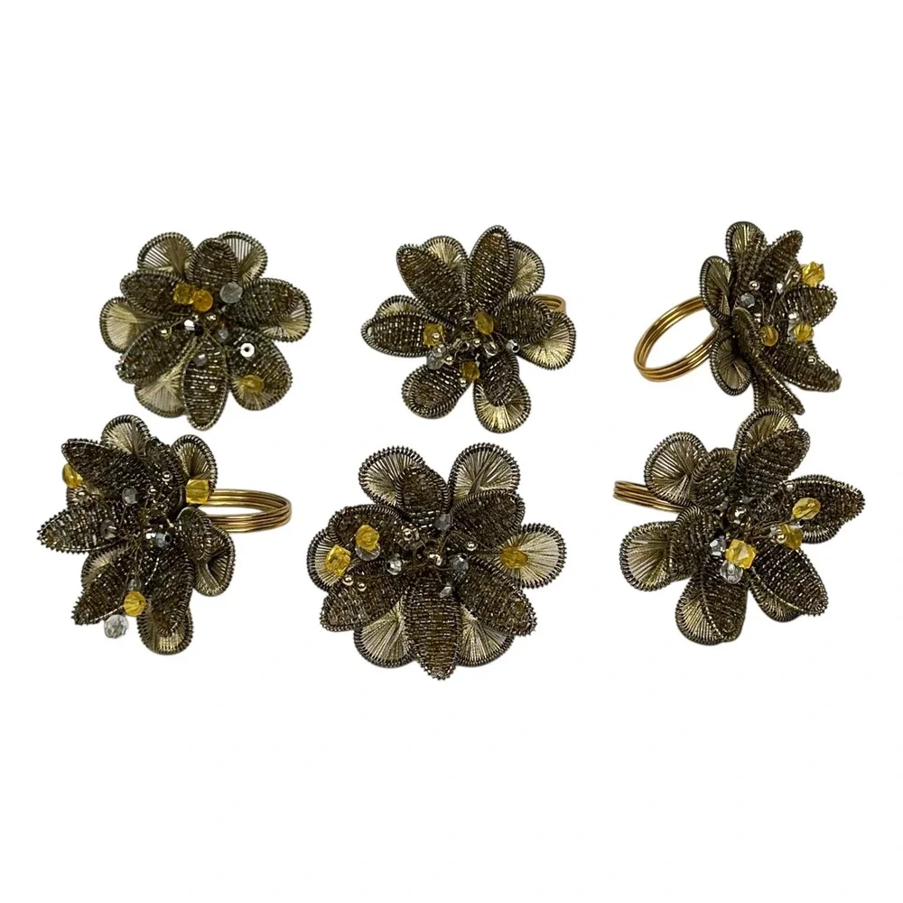 Pier 1 Beaded Metal Flower Napkin Ring Set‎ Of 6 Gold Tone Yellow Spun Wire